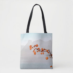 BOLSA TOTE FOLHA DE LARANJA PERTO DO CORPO DE ÁGUA E MONTANH