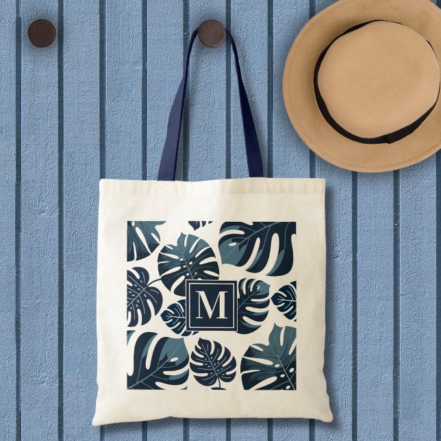 Bolsa Tote Folha de Monstera Tropical marinho Azul e Branco (Criador carregado)