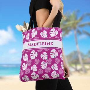 Bolsa Tote Folha de Monstera Tropical Rosa Branco Magenta Mon