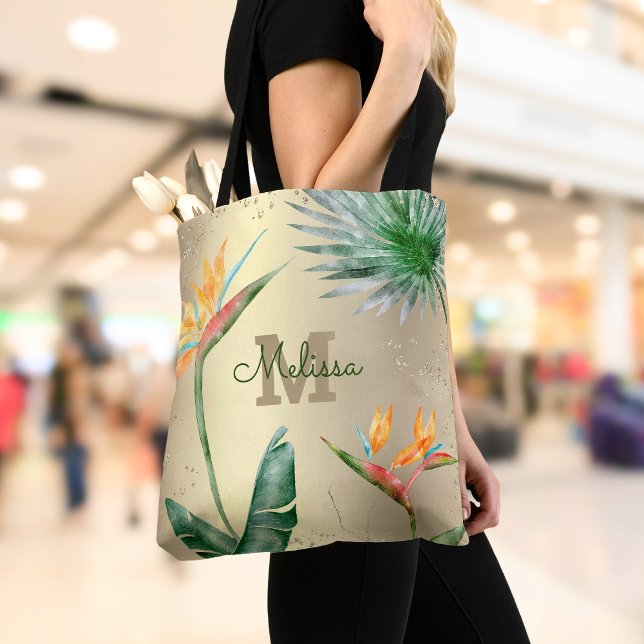 Bolsa Tote Folha de Ouro Floral Monograma Tropical em Script (Criador carregado)