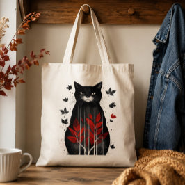 Bolsa Tote Folha de Outono de Gato Preto Arte Folclórica Botâ