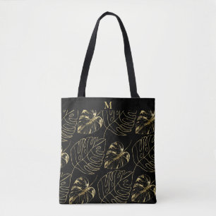 Bolsa Tote Folha de Palma Dourada Padrão Tropical Monograma
