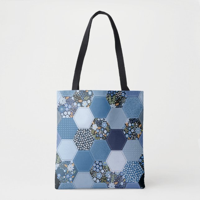 Bolsa Tote Folha floral, colagem de denim: padrão azul. (Frente)