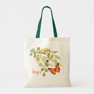 Bolsa Tote Folhagem Dourada com uma Borboleta Laranja