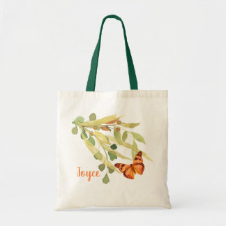 Bolsa Tote Folhagem Dourada com uma Borboleta Laranja