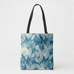 Bolsa Tote Folhagem Elegante: Padrão Tropical Azul-Cinza.