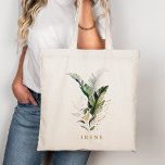 Bolsa Tote Folhagem Tropical Aquarela Rótulo Dourado<br><div class="desc">Esta caneca de café personalizada apresenta folhagem tropical verde aquarela com acentos de folhas douradas. >>> Confira toda a coleção >>> https://www.zazzle.com/collections/tropical_foliage_gold_collection-119316977990783186</div>