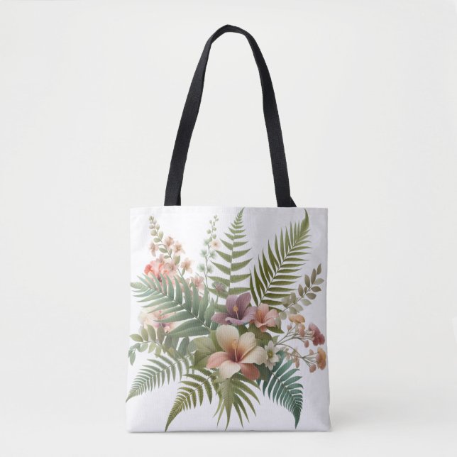 Bolsa Tote Folhagem tropical e Hibiscus Floral (Frente)