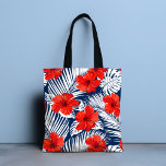 Bolsa Tote Folhagem Tropical Red Floral Hibiscus<br><div class="desc">Esta design apresenta folhagem tropical branca sobre fundo azul marinho com flores de hibisco vermelho vivo. #tropical #floral #flores #hibiscus #elegante #na moda #feminina #padrão #praia</div>