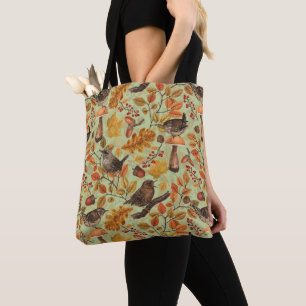 Bolsa Tote Folhas, bagas, cogumelos e wrenes de outono