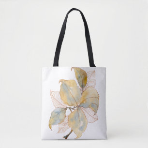Bolsa Tote Folhas Botânicas de Aquarela Azul Dourado Suave