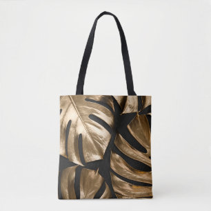 Bolsa Tote Folhas criativas de monstera, fundo negro.