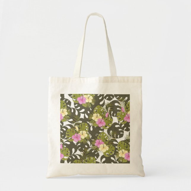 Bolsa Tote Folhas da Selva Tropical e Padrão de Hibisco (Frente)