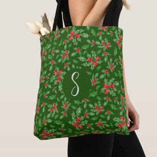 Bolsa Tote Folhas de azevinho de Natal verde monograma person