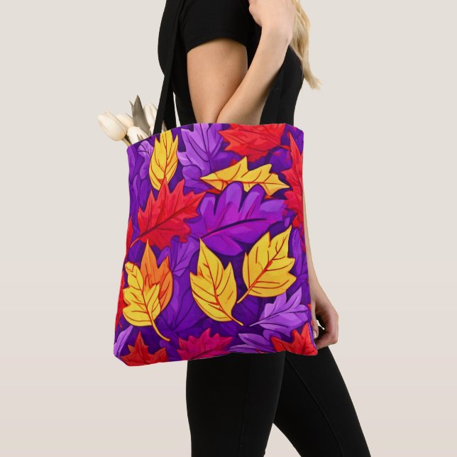 Bolsa Tote Folhas de Cartoon Vivas: Roxo, Amarelo, Vermelho (Close Up)