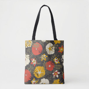Bolsa Tote folhas de desenho animado e flores em fundo escuro
