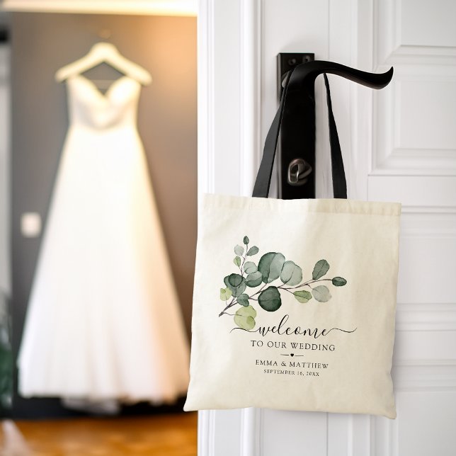 Bolsa Tote Folhas de Eucalipto Verde Oliva Boas-Vindas Casame (Eucalyptus Leaves Greenery Welcome Wedding Tote Bag)