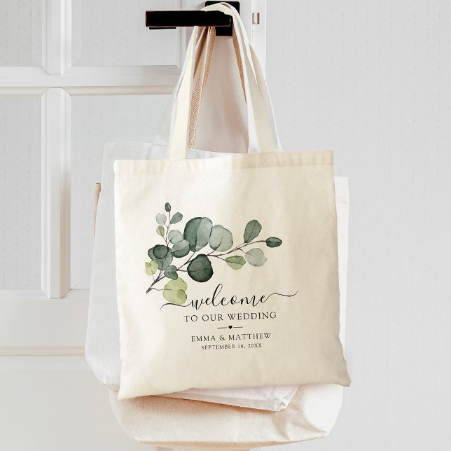 Bolsa Tote Folhas de Eucalipto Verde Oliva Boas-Vindas Casame (Eucalyptus Leaves Greenery Wedding Welcome Tote Bag)
