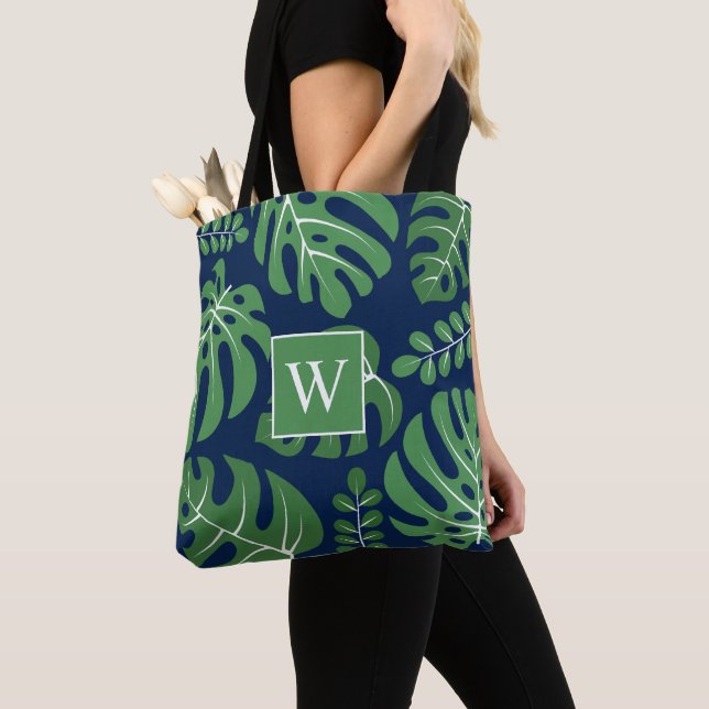 Bolsa Tote Folhas de Monstera marinho e Verde Monograma (Close Up)