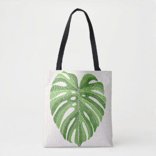 Bolsa Tote Folhas de palma bordadas. Monstera Tropical Verde
