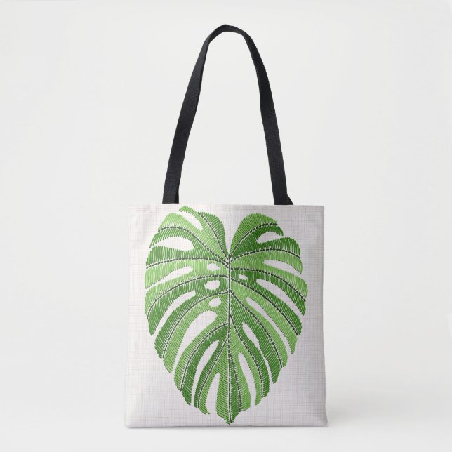 Bolsa Tote Folhas de palma bordadas. Monstera Tropical Verde (Frente)