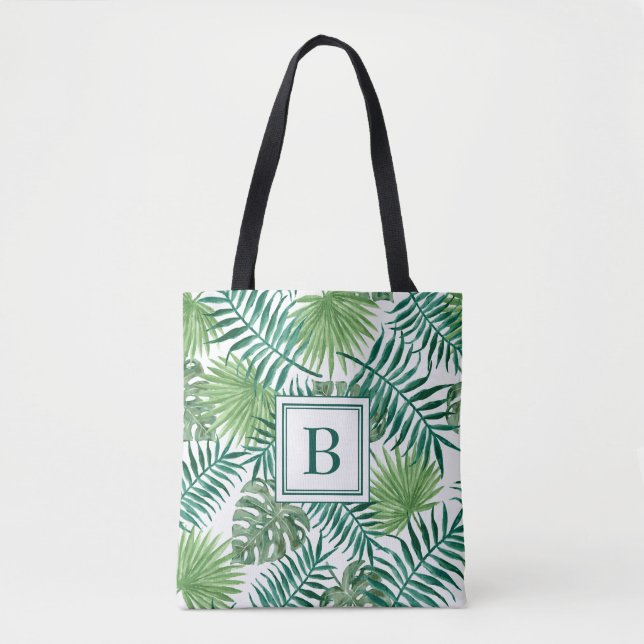 Bolsa Tote Folhas de Palma Botânica Verde Monograma Elegante (Frente)