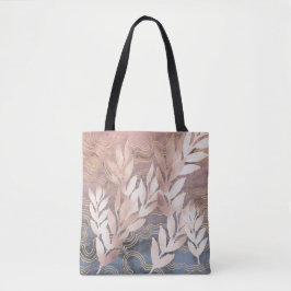 Bolsa Tote Folhas de 'Rosa Dourado' em Fundo de Ondas Rosa/Az