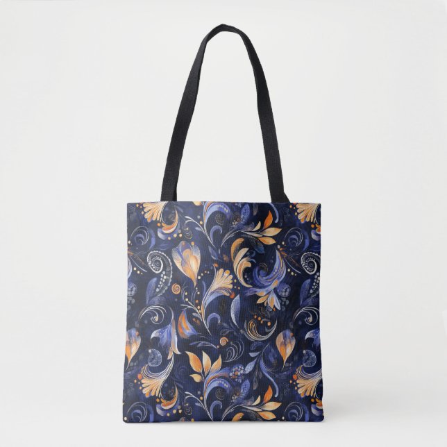 Bolsa Tote Folhas de salsa Abstrato azuis e Douradas (Frente)