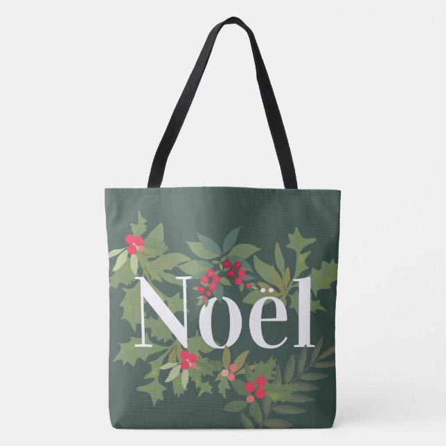 Bolsa Tote Folhas e bagas verdes e noel feriados (Frente)