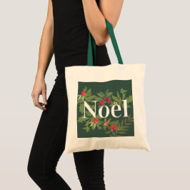 Bolsa Tote Folhas e bagas verdes e noel feriados