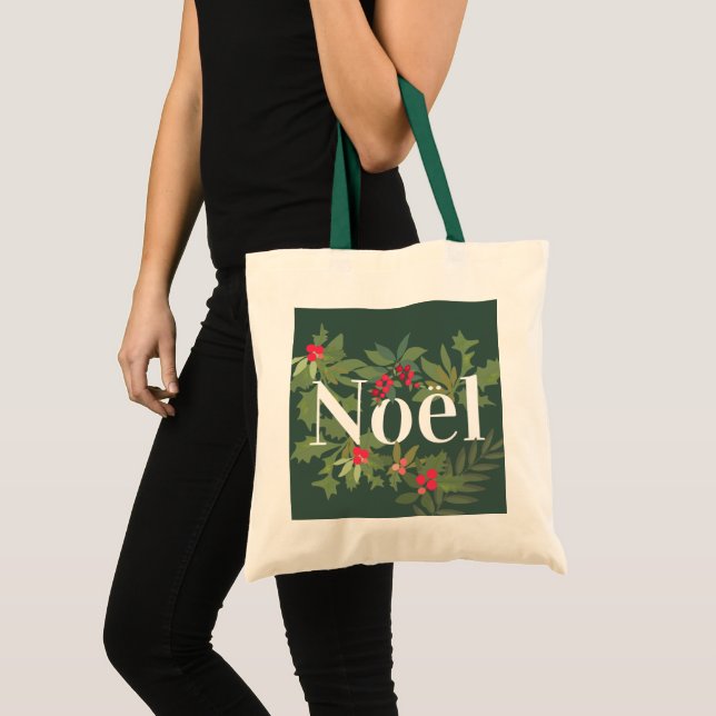 Bolsa Tote Folhas e bagas verdes e noel feriados (Frente (produto))