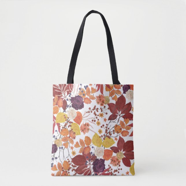 Bolsa Tote Folhas e Rosas de Aquarela do outono (Frente)