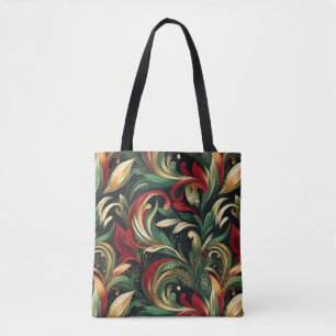 Bolsa Tote Folhas Elegante Vermelhas, Verdes e Douradas de Fo