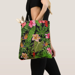 Bolsa Tote Folhas Tropicais Coloridas e Flores de Hibisco