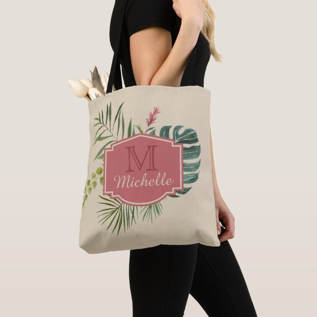 Bolsa Tote Folhas tropicais com nome e monograma (Close Up)