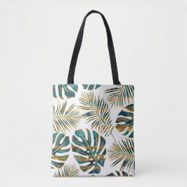 Bolsa Tote Folhas tropicais de téal e de ouro padronizadas