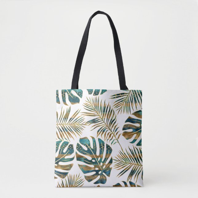 Bolsa Tote Folhas tropicais de téal e de ouro padronizadas (Frente)