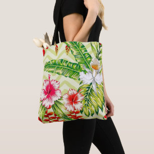 Bolsa Tote Folhas Tropicais Elegantes e Flores de Hibisco