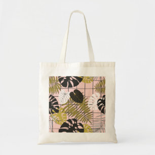 Bolsa Tote Folhas tropicais, flores, padrão pintado à mão.