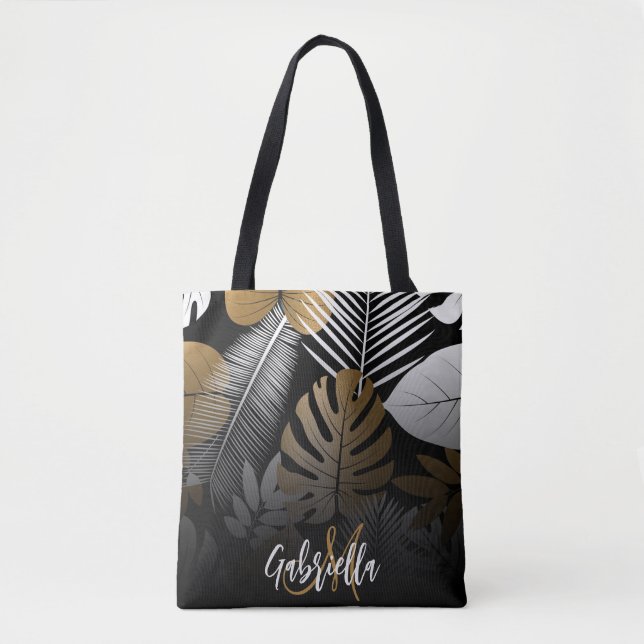 Bolsa Tote Folhas tropicais pretas e Ouros (Frente)