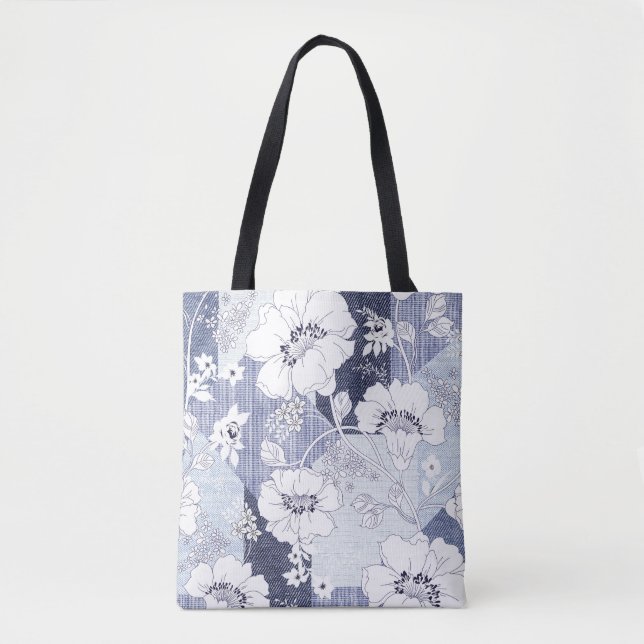 Bolsa Tote Folheto de flores de Denim, padrão perfeito. (Frente)
