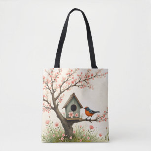 Bolsa Tote Folk Art Bird e Birdhouse