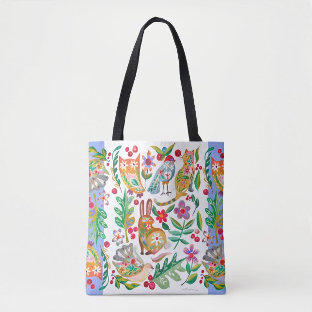 Bolsa Tote Folk Art Floral Animal Amigos Brancos Personalizáv (Frente)