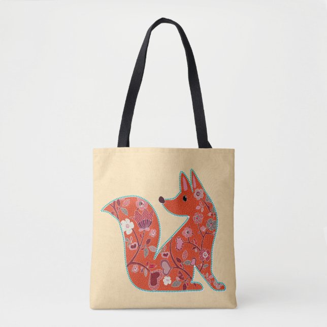 Bolsa Tote Folk Art Flower Pattern Fox (Frente)