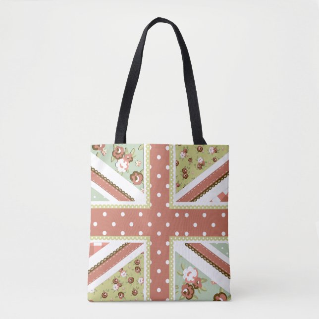 Bolsa Tote Folk do Diário Quilt British Union Jack Flowers (Frente)