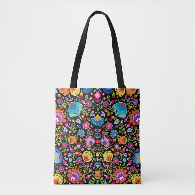 Bolsa Tote Folklore flowers Wycinanki black  (Frente)