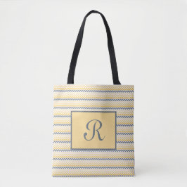 Bolsa Tote Fonte de Script Chevron de Cinza Amarelo Monograma