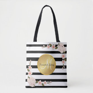 Bolsa Tote Forma Floral Dourada Monograma Banda branca Preta