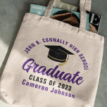 Bolsa Tote Formando Roxo Personalizado 2023 Graduação<br><div class="desc">Essa bolsa de tote de formando mais velho roxo e preto personalizado apresenta seu nome de segundo grau ou faculdade para a classe de 2023. Personalize com o seu ano de graduação com o script manuscrito chic e o boné formando preto para um presente personalizado de festa de formatura de...</div>