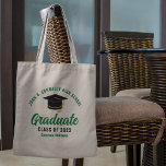 Bolsa Tote Formando Verde Personalizado para Graduação 2023<br><div class="desc">Essa bolsa de tote de formando mais velho verde e preto moderna contém seu nome de segundo grau ou de faculdade para a classe de 2023. Personalize com o seu ano de graduação com o script manuscrito chic e o boné formando preto para um presente personalizado de festa de formatura...</div>